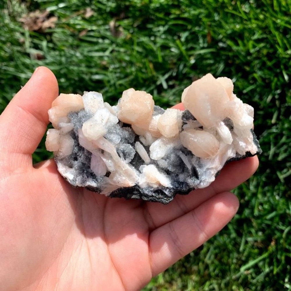 Apophyllite and peach/pink stilbite/zeolite crystal cluster